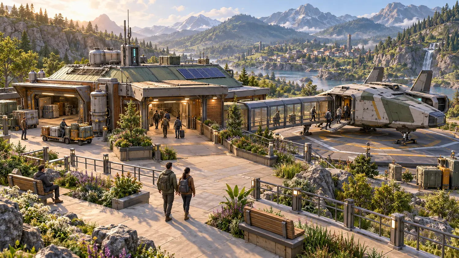 A couple with backpacks walks a garden path toward a mountain shuttle port where passengers board a parked spacecraft, with a lake, a waterfall and snowy peaks behind.