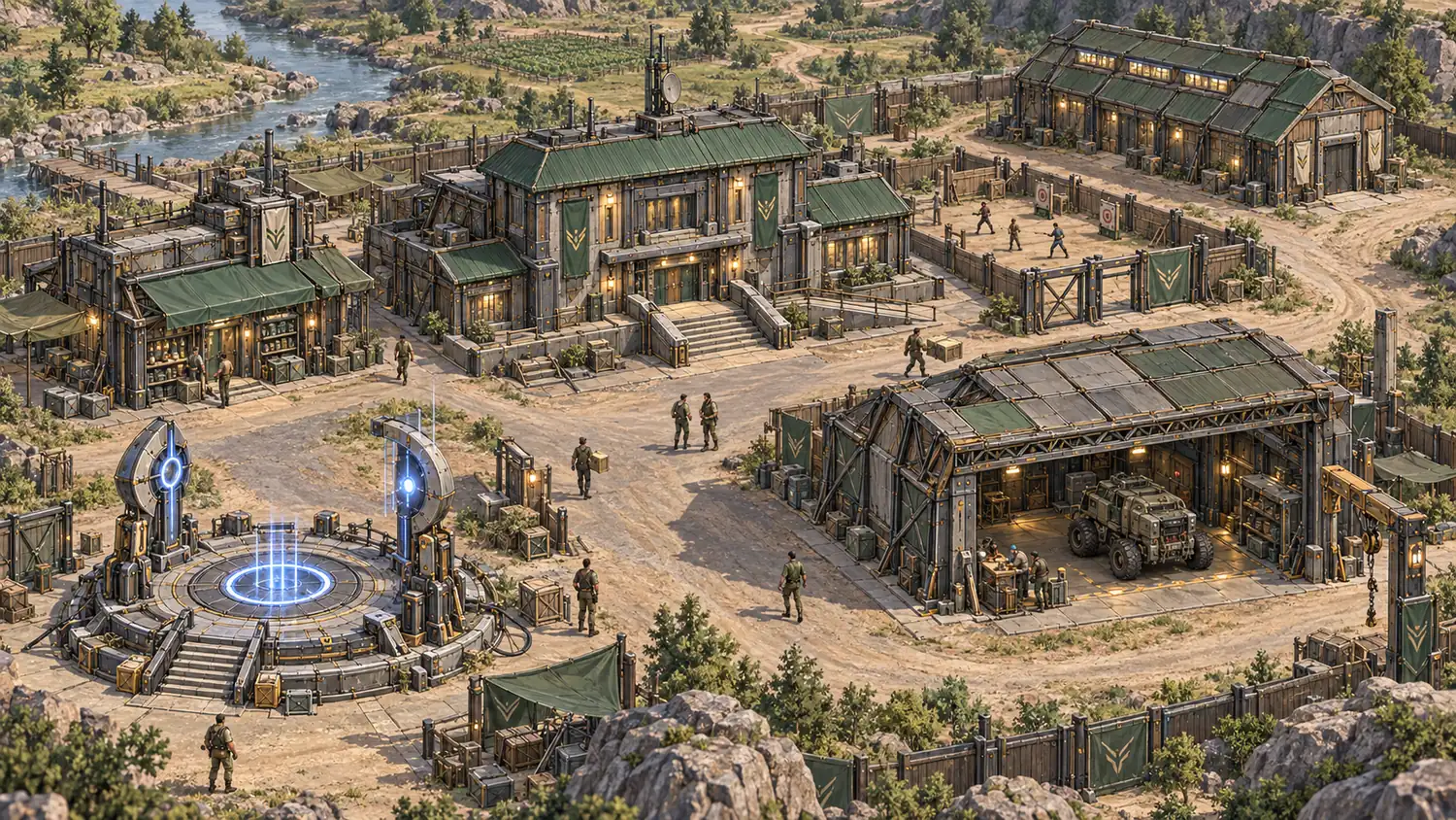 Aerial view of a frontier base of timber-and-metal buildings with green roofs and banners, a glowing circular pad, a garage holding an off-road vehicle, and uniformed people on dirt paths beside a river.